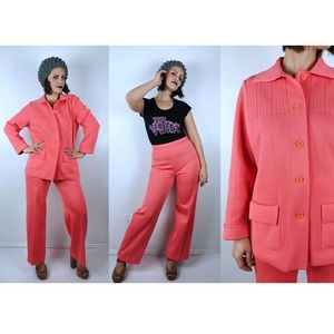 vintage 70s Coral TWO PIECE SUIT Extra Large high waisted xl trousers plus size
